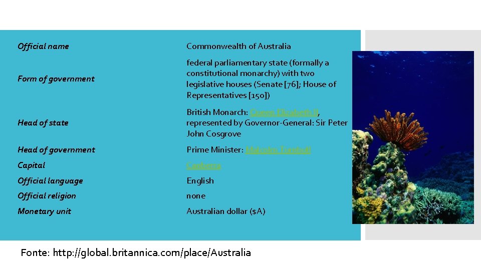 Official name Commonwealth of Australia Form of government federal parliamentary state (formally a constitutional