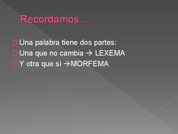 Recordamos… � Una palabra tiene dos partes: � Una que no cambia LEXEMA �