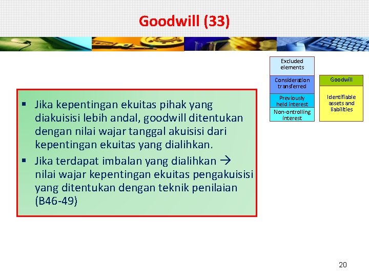 Goodwill (33) Excluded elements § Jika kepentingan ekuitas pihak yang diakuisisi lebih andal, goodwill