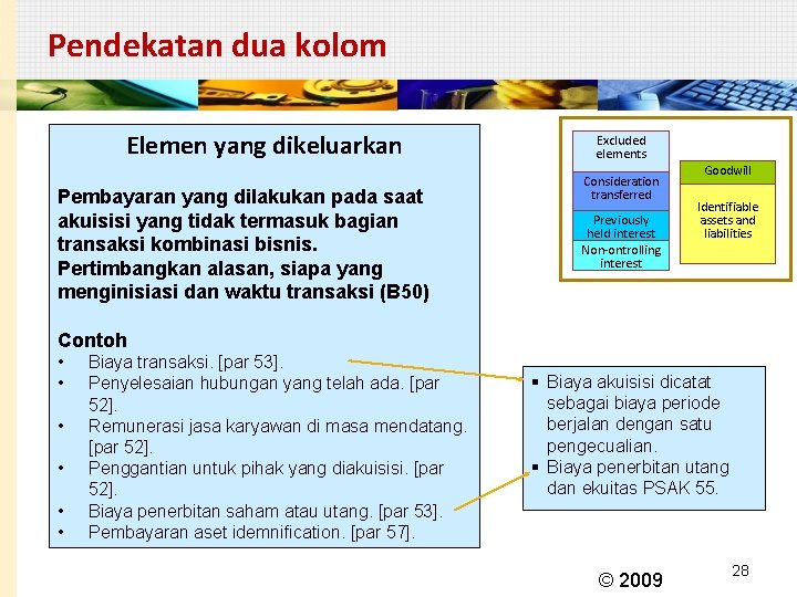 Pendekatan dua kolom Elemen yang dikeluarkan Pembayaran yang dilakukan pada saat akuisisi yang tidak
