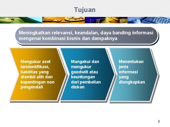 Tujuan Meningkatkan relevansi, keandalan, daya banding informasi mengenai kombinasi bisnis dan dampaknya Mengukur aset
