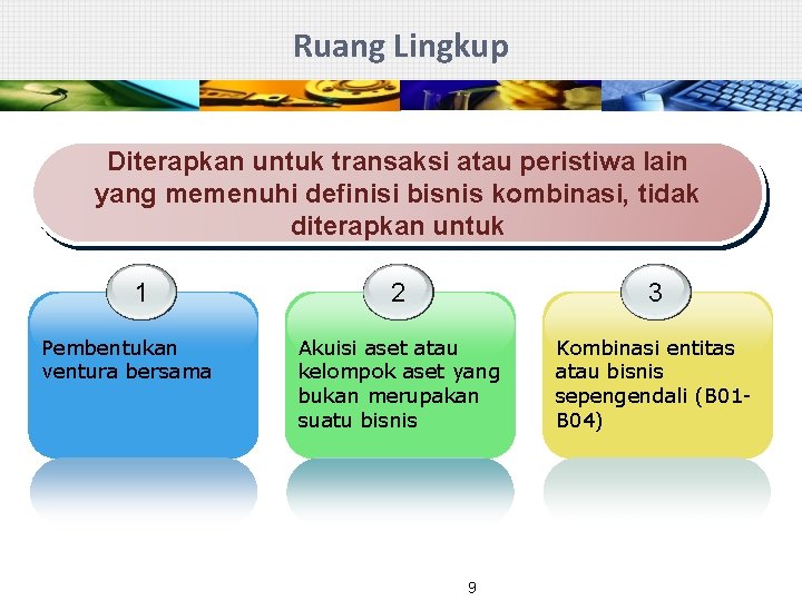 Ruang Lingkup Diterapkan untuk transaksi atau peristiwa lain yang memenuhi definisi bisnis kombinasi, tidak