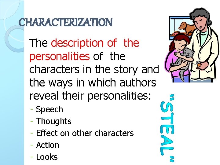 CHARACTERIZATION The description of the personalities of the characters in the story and the