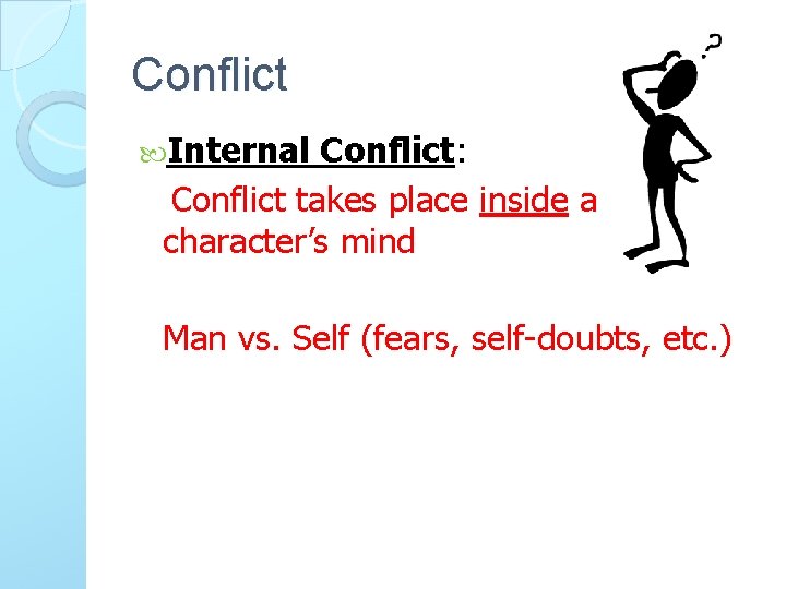 Conflict Internal Conflict: Conflict takes place inside a character’s mind Man vs. Self (fears,