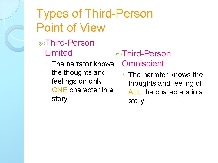 Types of Third-Person Point of View Third-Person Limited ◦ The narrator knows the thoughts
