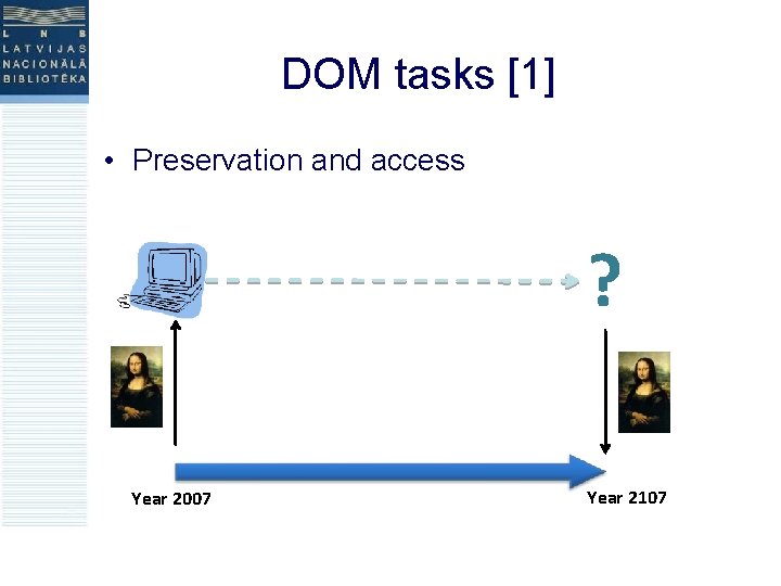 DOM tasks [1] • Preservation and access ? Year 2007 Year 2107 