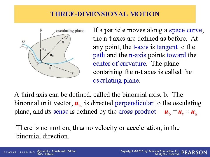 THREE-DIMENSIONAL MOTION If a particle moves along a space curve, the n-t axes are