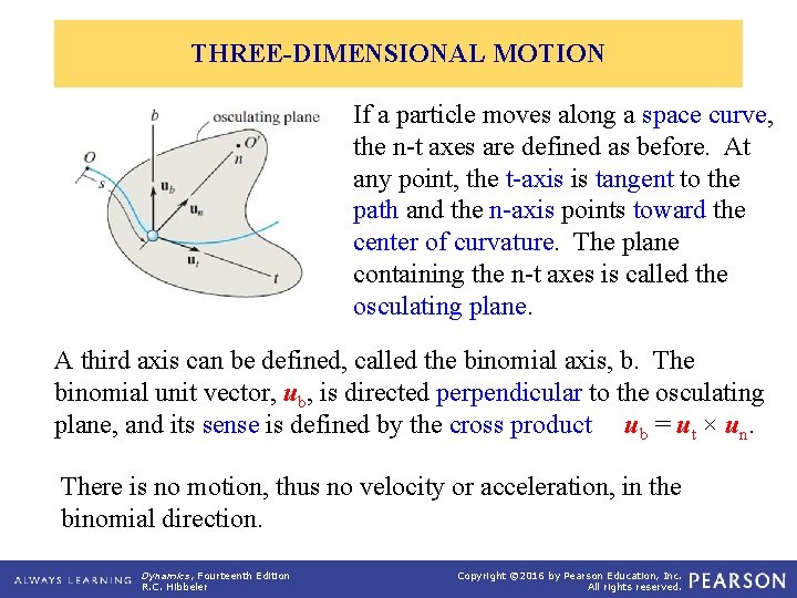 THREE-DIMENSIONAL MOTION If a particle moves along a space curve, the n-t axes are