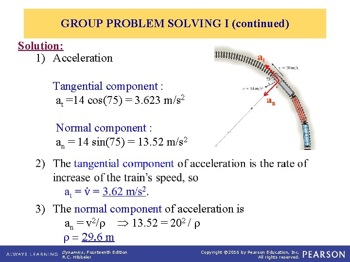 GROUP PROBLEM SOLVING I (continued) Solution: 1) Acceleration Tangential component : at =14 cos(75)