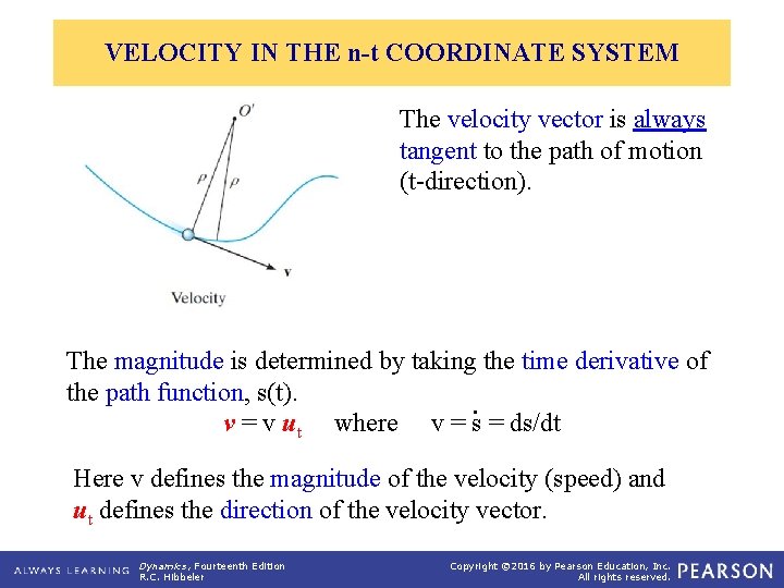 VELOCITY IN THE n-t COORDINATE SYSTEM The velocity vector is always tangent to the