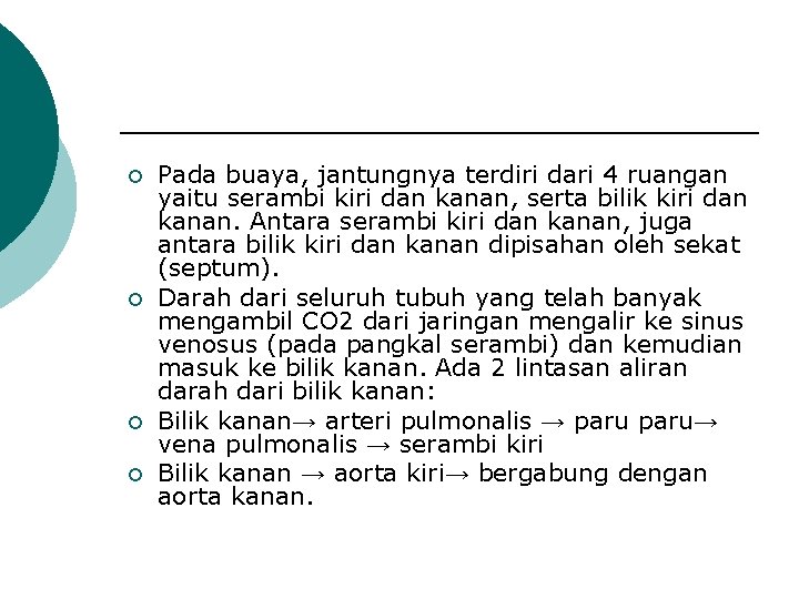 ¡ ¡ Pada buaya, jantungnya terdiri dari 4 ruangan yaitu serambi kiri dan kanan,