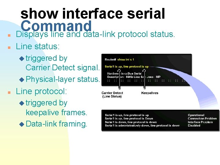 n show interface serial Command Displays line and data-link protocol status. n Line status: