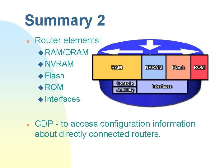 Summary 2 n Router elements: u RAM/DRAM u NVRAM u Flash u ROM u