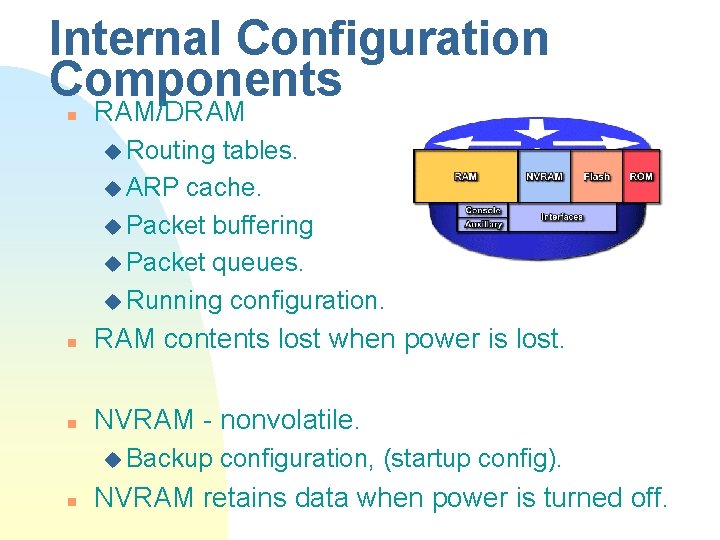 Internal Configuration Components n RAM/DRAM u Routing tables. u ARP cache. u Packet buffering