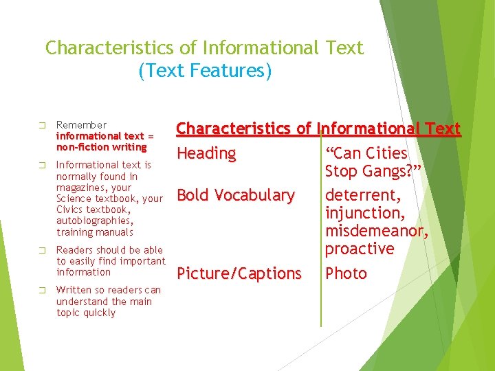 Characteristics of Informational Text (Text Features) � Remember informational text = non-fiction writing �