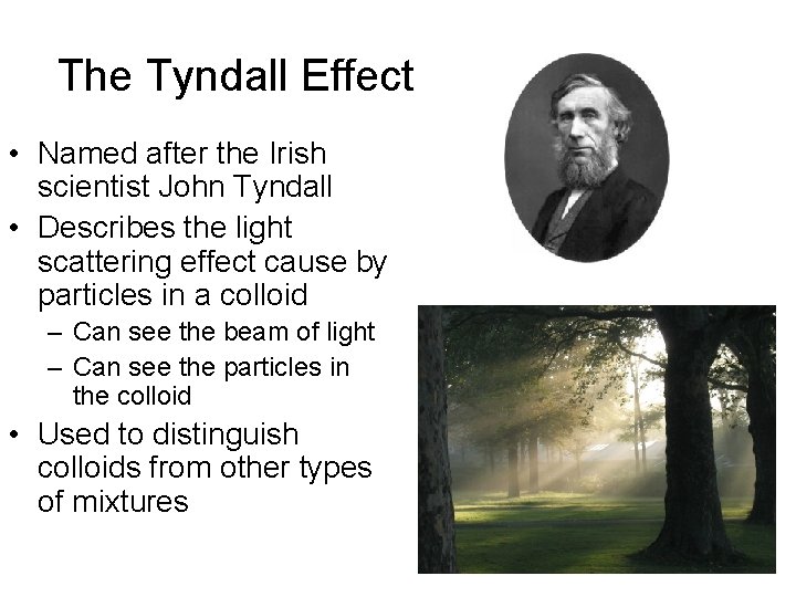 The Tyndall Effect • Named after the Irish scientist John Tyndall • Describes the