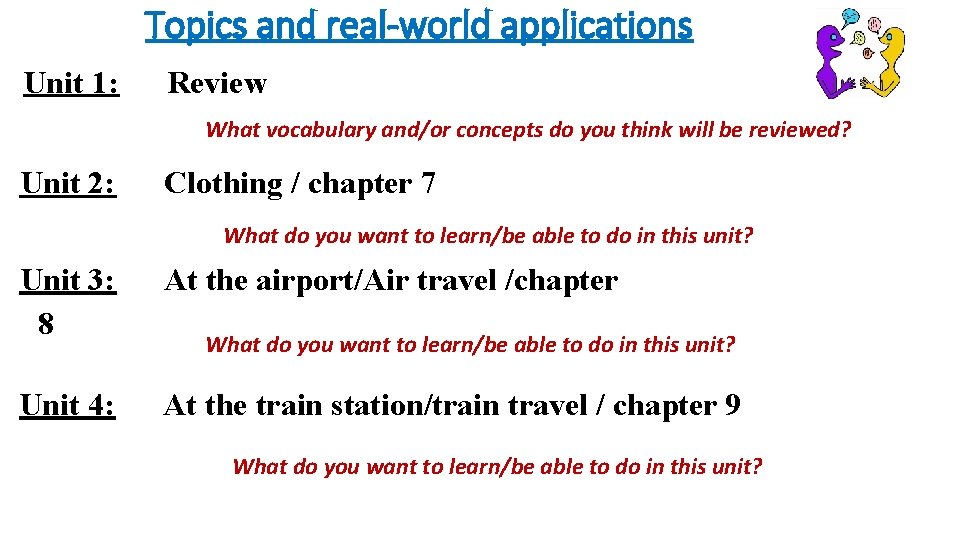 Topics and real-world applications Unit 1: Review What vocabulary and/or concepts do you think