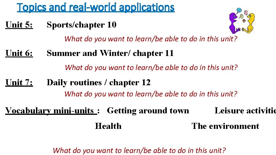 Topics and real-world applications Unit 5: Sports/chapter 10 What do you want to learn/be