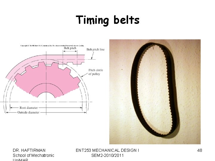 Timing belts DR. HAFTIRMAN School of Mechatronic ENT 253 MECHANICAL DESIGN I SEM 2
