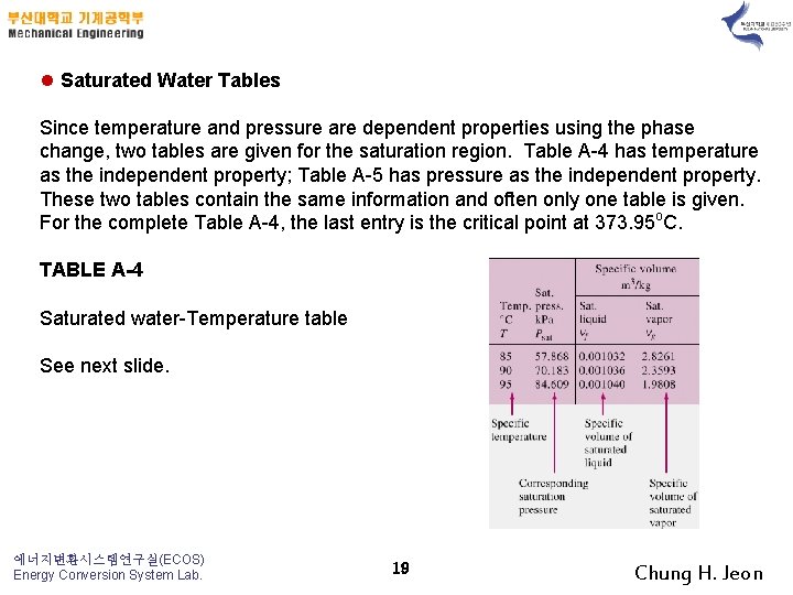 l Saturated Water Tables Since temperature and pressure are dependent properties using the phase