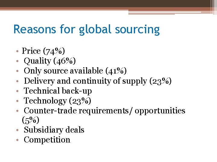 Reasons for global sourcing • • Price (74%) Quality (46%) Only source available (41%)