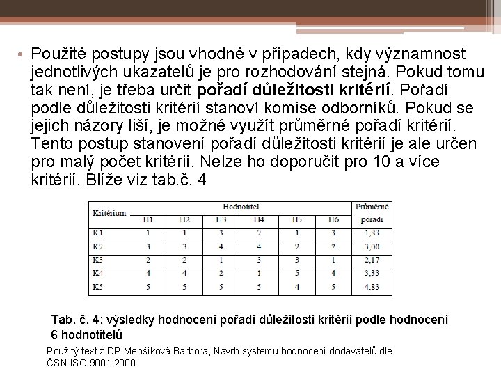  • Použité postupy jsou vhodné v případech, kdy významnost jednotlivých ukazatelů je pro