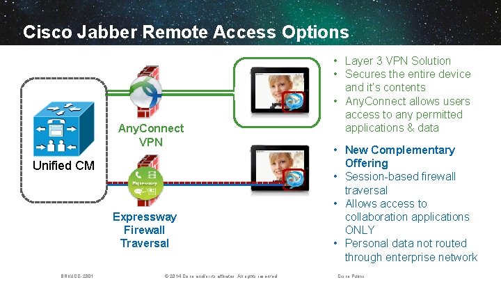 Cisco Jabber Remote Access Options Any. Connect VPN Unified CM Expressway Firewall Traversal BRKUCC-2801