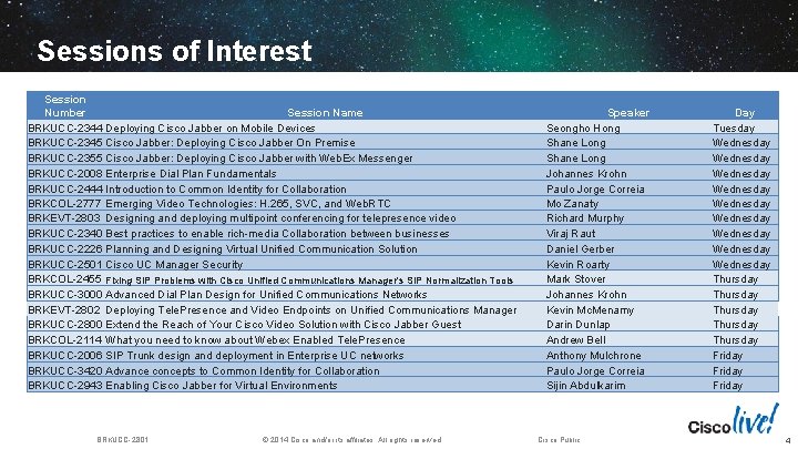Sessions of Interest Session Number Session Name BRKUCC-2344 Deploying Cisco Jabber on Mobile Devices