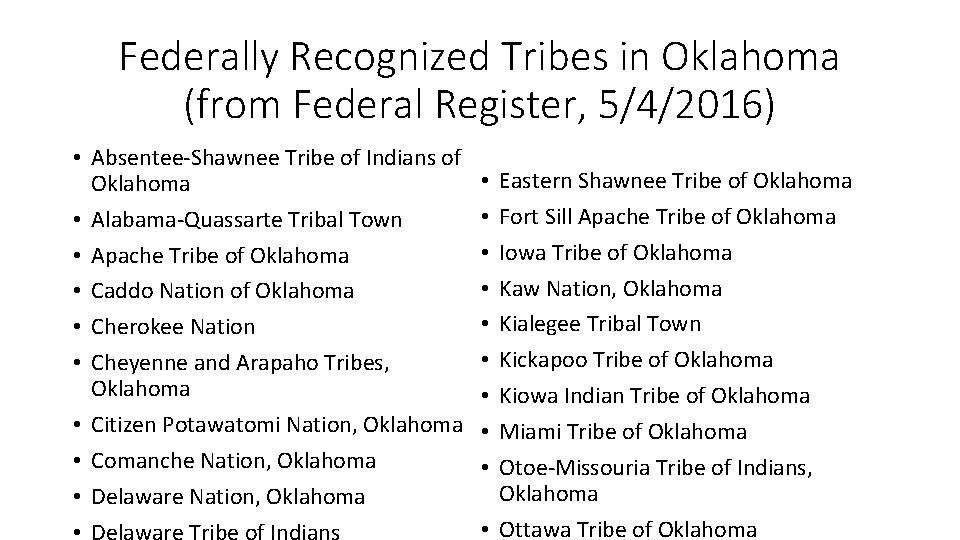Federally Recognized Tribes in Oklahoma (from Federal Register, 5/4/2016) • Absentee-Shawnee Tribe of Indians