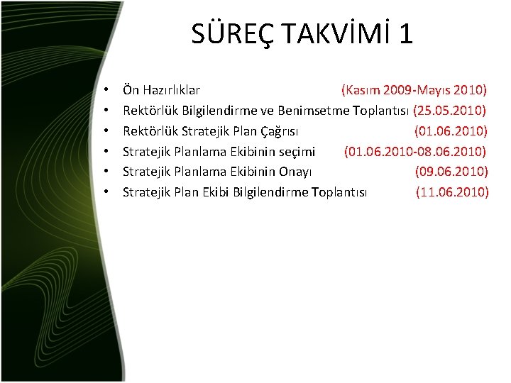 SÜREÇ TAKVİMİ 1 • • • Ön Hazırlıklar (Kasım 2009 -Mayıs 2010) Rektörlük Bilgilendirme