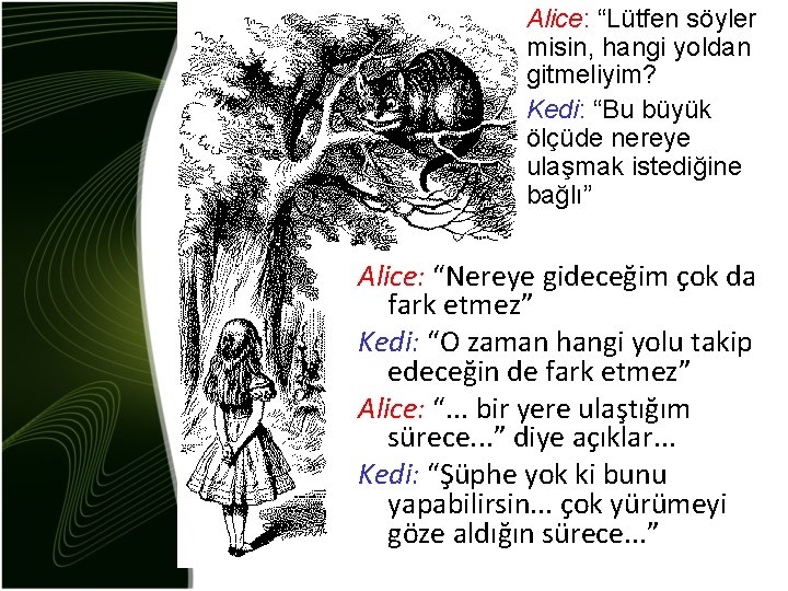 Alice: “Lütfen söyler misin, hangi yoldan gitmeliyim? Kedi: “Bu büyük ölçüde nereye ulaşmak istediğine