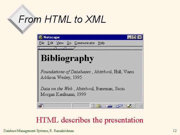 From HTML to XML HTML describes the presentation Database Management Systems, R. Ramakrishnan 12 From HTML to XML HTML describes the presentation Database Management Systems, R. Ramakrishnan 12