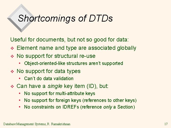 Shortcomings of DTDs Useful for documents, but not so good for data: v Element