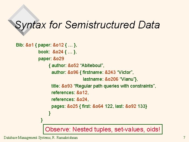 Syntax for Semistructured Data Bib: &o 1 { paper: &o 12 { … }, Syntax for Semistructured Data Bib: &o 1 { paper: &o 12 { … },