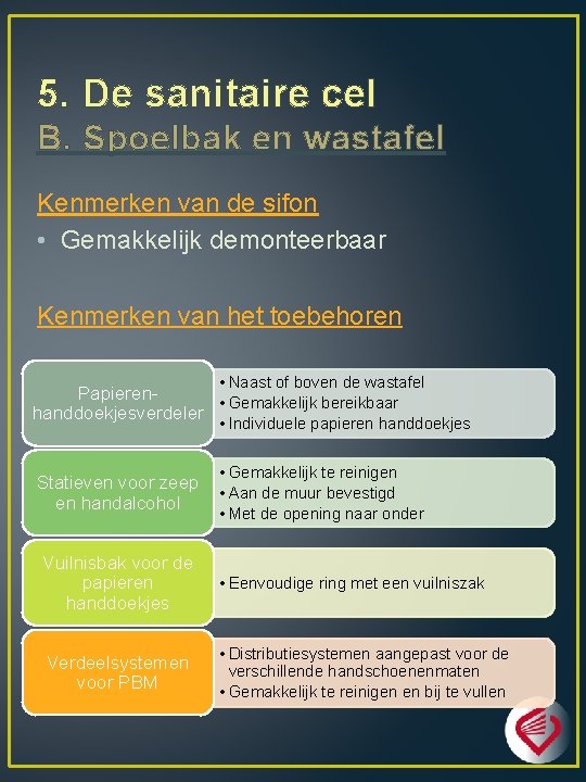 5. De sanitaire cel B. Spoelbak en wastafel Kenmerken van de sifon • Gemakkelijk