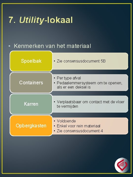 7. Utility-lokaal • Kenmerken van het materiaal Spoelbak • Zie consensusdocument 5 B Containers