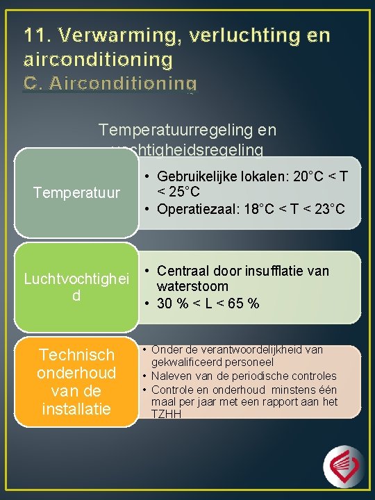 11. Verwarming, verluchting en airconditioning C. Airconditioning Temperatuurregeling en vochtigheidsregeling Temperatuur • Gebruikelijke lokalen: