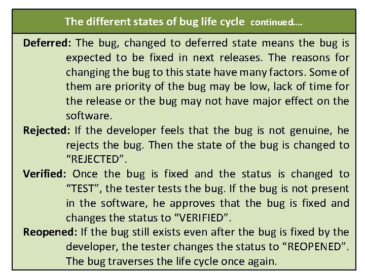  The different states of bug life cycle continued…. Deferred: The bug, changed to
