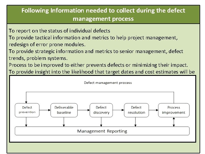 Following Information needed to collect during the defect management process To report on the