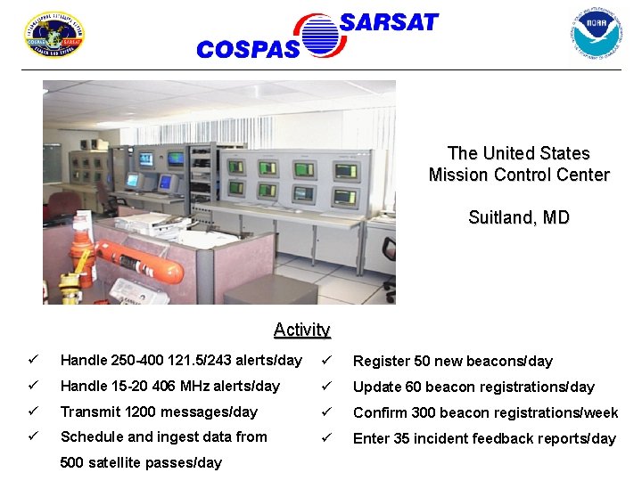 The United States Mission Control Center Suitland, MD Activity ü Handle 250 -400 121.