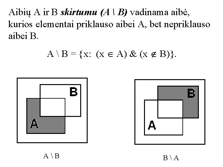 Aibių A ir B skirtumu (A  B) vadinama aibė, kurios elementai priklauso aibei