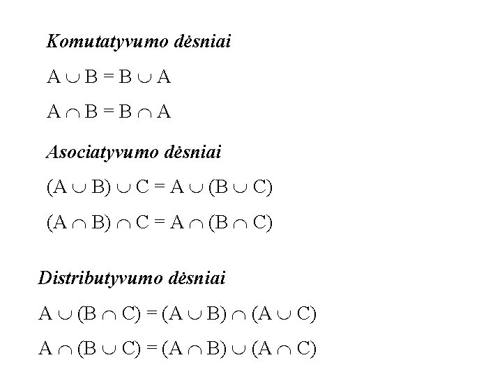 Komutatyvumo dėsniai A B=B A Asociatyvumo dėsniai (A B) C = A (B C)