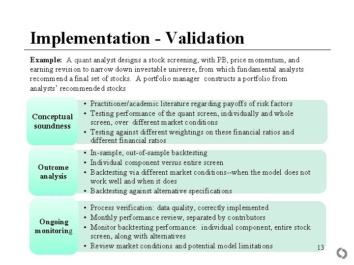 Implementation - Validation Example: A quant analyst designs a stock screening, with PB, price