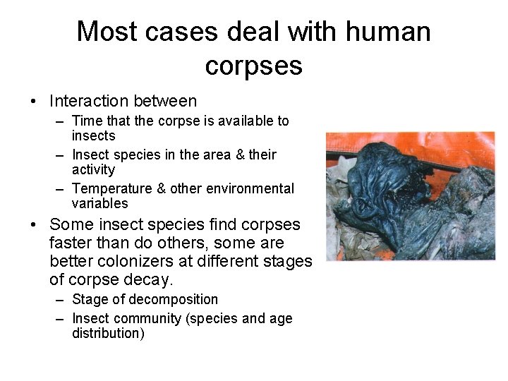 Most cases deal with human corpses • Interaction between – Time that the corpse