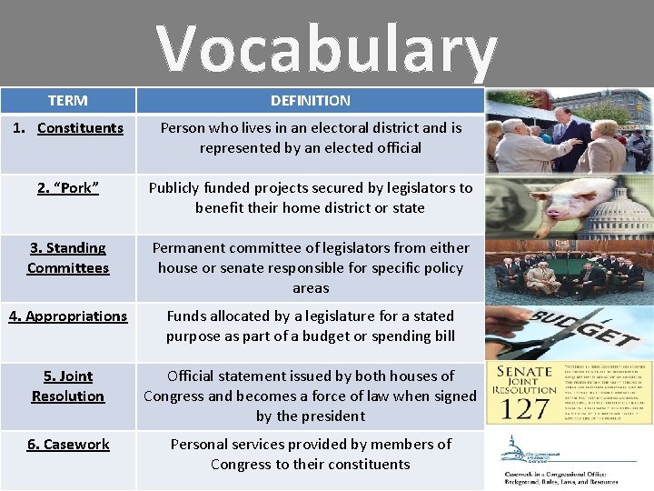 TERM Vocabulary DEFINITION 1. Constituents Person who lives in an electoral district and is