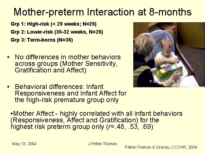 Mother-preterm Interaction at 8 -months Grp 1: High-risk (< 29 weeks; N=29) Grp 2: