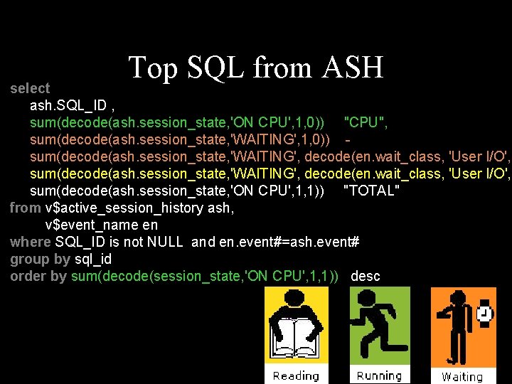 Top SQL from ASH select ash. SQL_ID , sum(decode(ash. session_state, 'ON CPU', 1, 0))