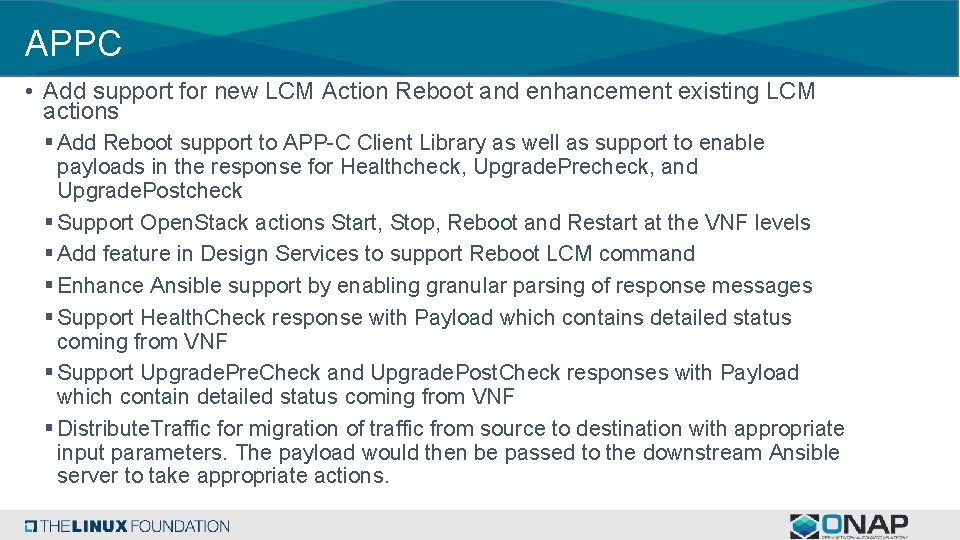 APPC • Add support for new LCM Action Reboot and enhancement existing LCM actions