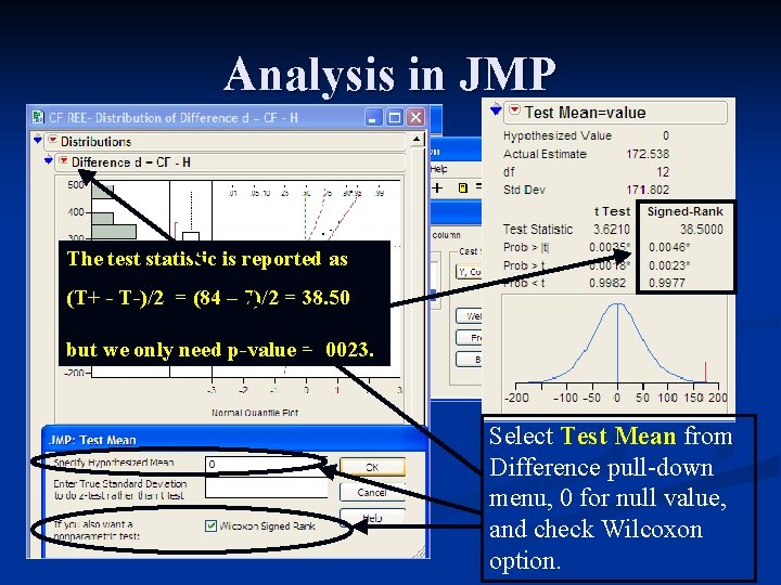 Analysis in JMP The test statistic is reported as (T+ - T-)/2 = (84