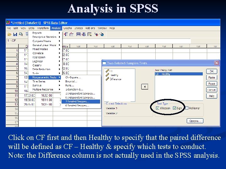 Analysis in SPSS Click on CF first and then Healthy to specify that the